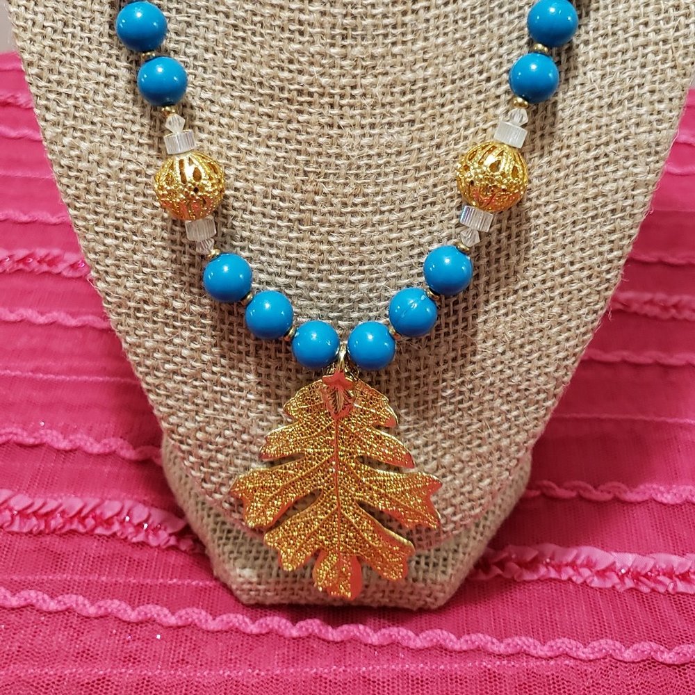 Handmade Blue Beads/Glass Crystal & Gold Leaf Necklace.